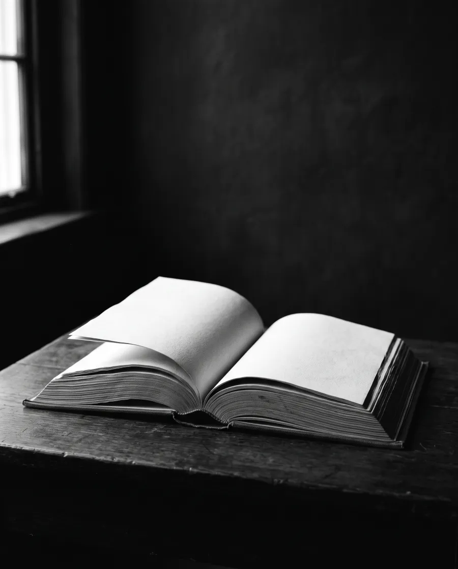 Livro aberto com p&aacute;ginas em branco sob luz lateral