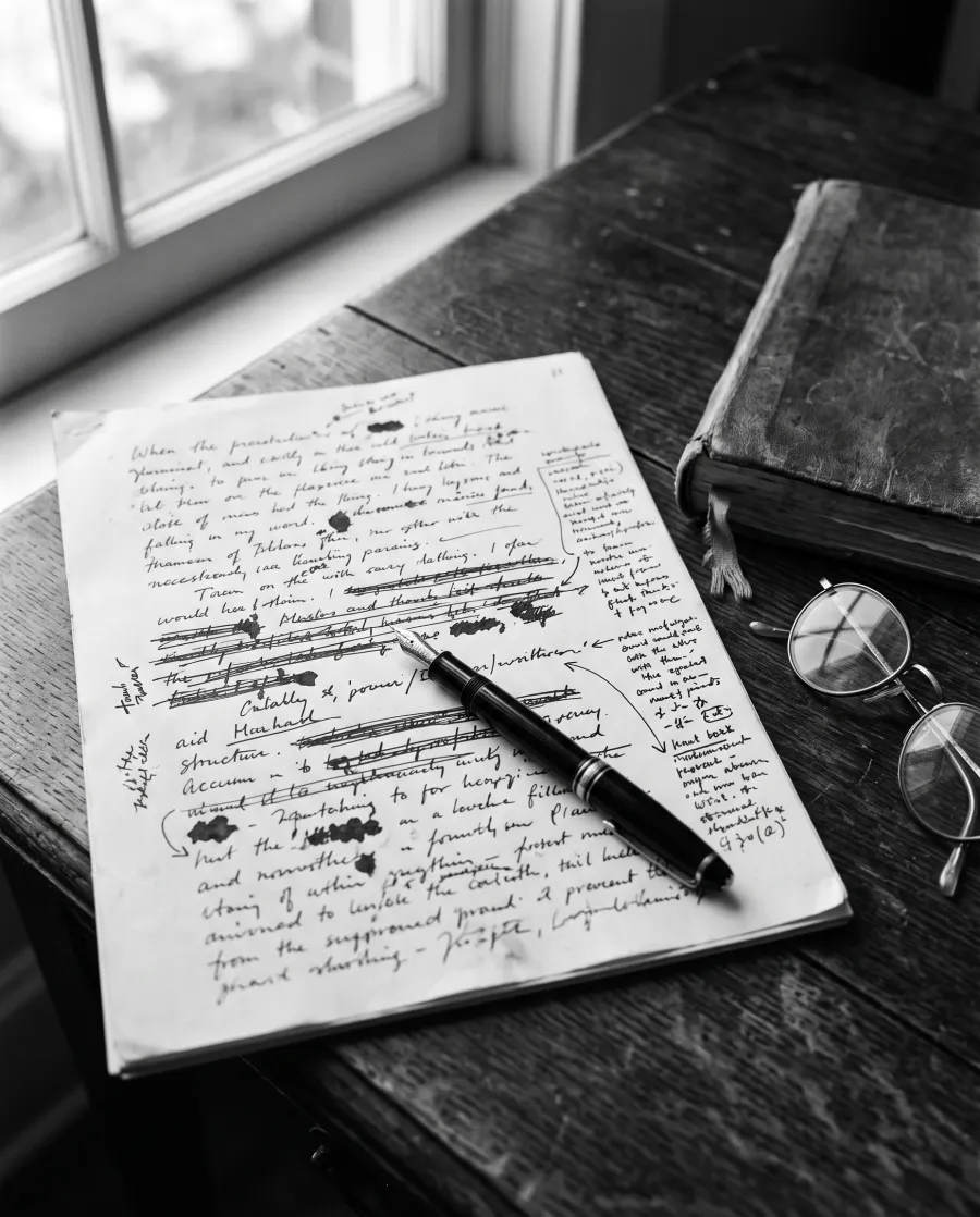 Caneta-tinteiro sobre um manuscrito com anota&ccedil;&otilde;es e rasuras