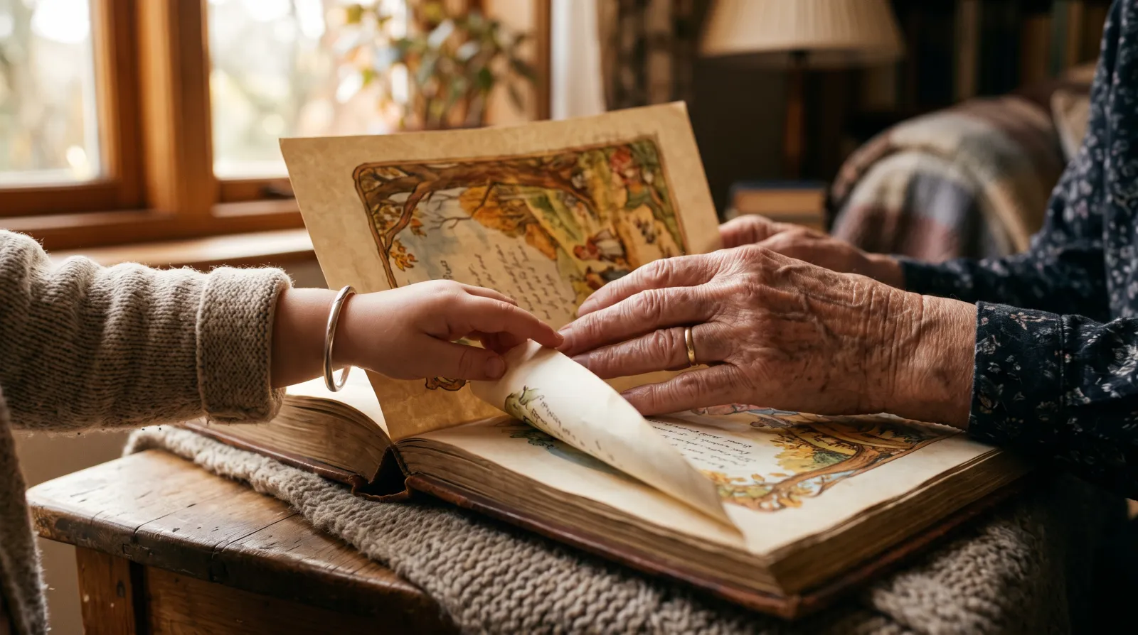 M&atilde;o de uma crian&ccedil;a e m&atilde;o de uma pessoa idosa virando juntas a p&aacute;gina de um livro