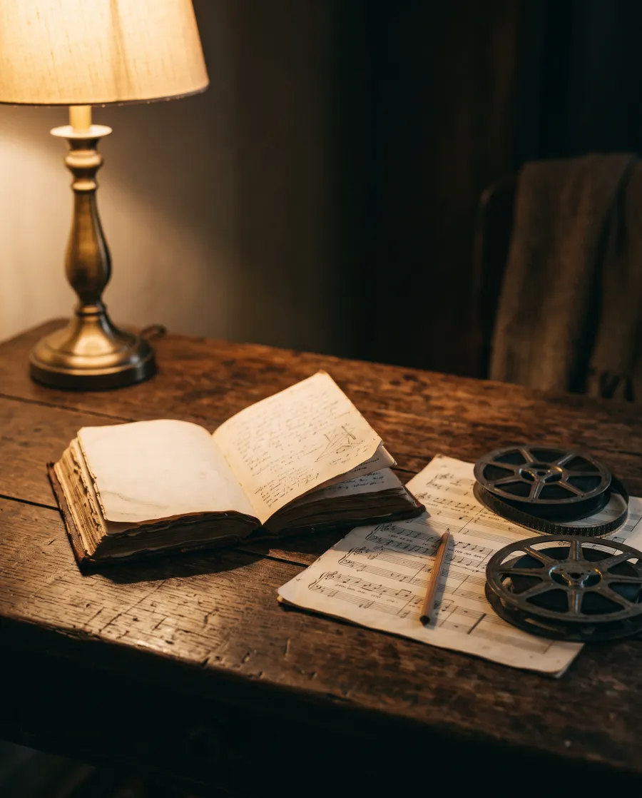 Livro aberto, partitura manuscrita e um rolo de filme sobre uma mesa, sob luz quente