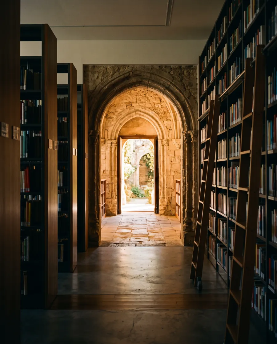 Arco de pedra no fim de um corredor de biblioteca, com luz quente vindo do outro lado